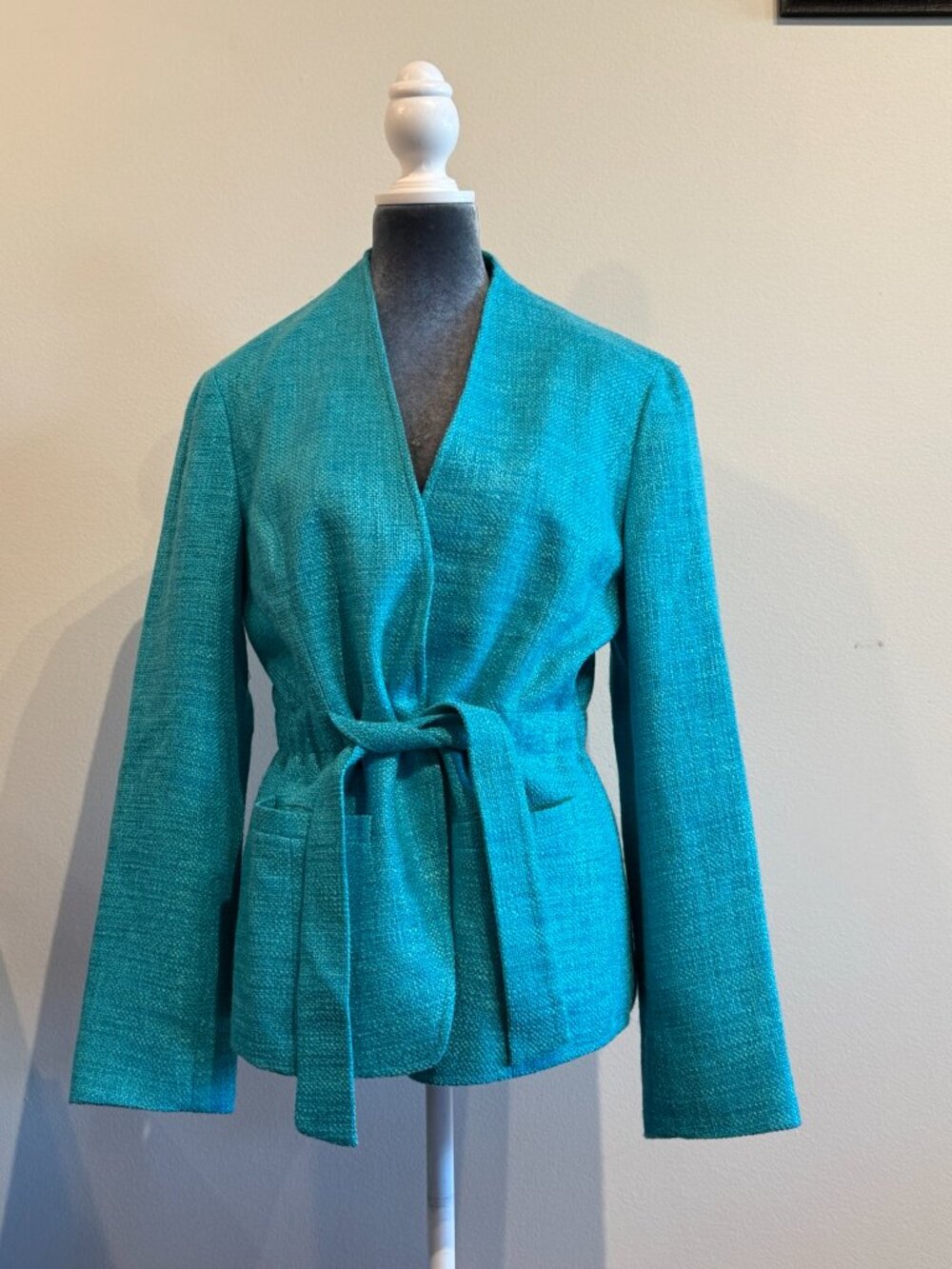 Lafayette 148 New York Turquoise Textured Wrap Jacket Belted Size 10
